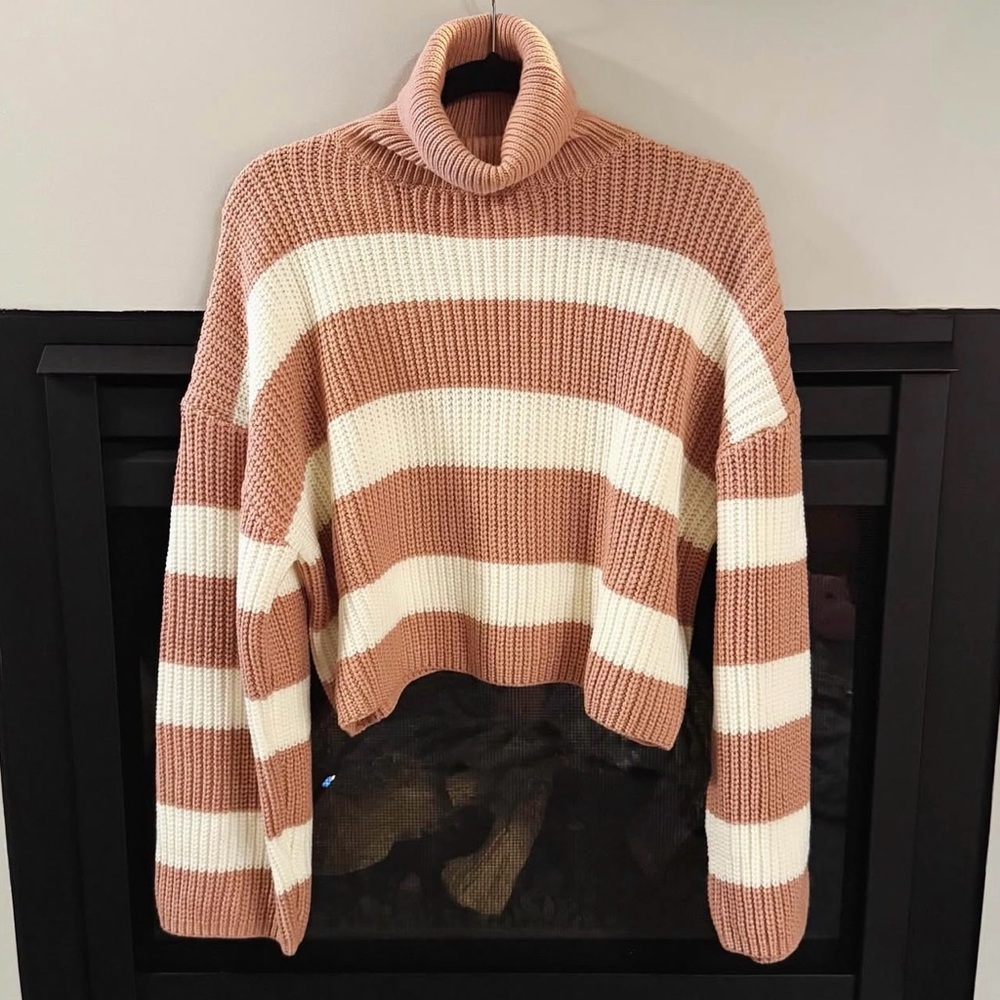 Cream & Pink Striped Turtleneck Sweater